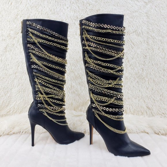 FINAL SALE Black Multiple Gold Chain 4.5" Heel Knee High Boot Last One - Picture 3 of 13